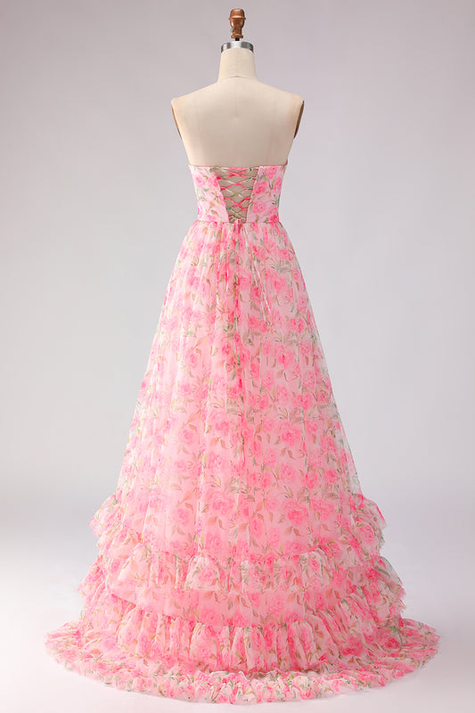 Floral Pink A Line Strapless Ruffled Long Prom Dress with Bows