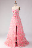Floral Pink A Line Strapless Ruffled Long Prom Dress with Bows