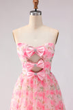 Floral Pink A Line Strapless Ruffled Long Prom Dress with Bows