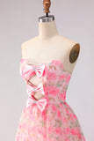 Floral Pink A Line Strapless Ruffled Long Prom Dress with Bows