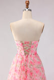 Floral Pink A Line Strapless Ruffled Long Prom Dress with Bows