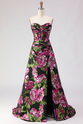Floral Black A-Line Jacquard Sweetheart Long Corset Prom Dress with Slit