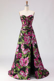 Floral Black A-Line Jacquard Sweetheart Long Corset Prom Dress with Slit