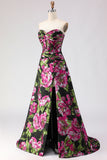 Floral Black A-Line Jacquard Sweetheart Long Corset Prom Dress with Slit