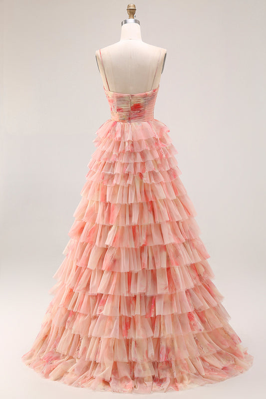 Sunset A Line Tiered Ruffled Long Prom Dress with Slit