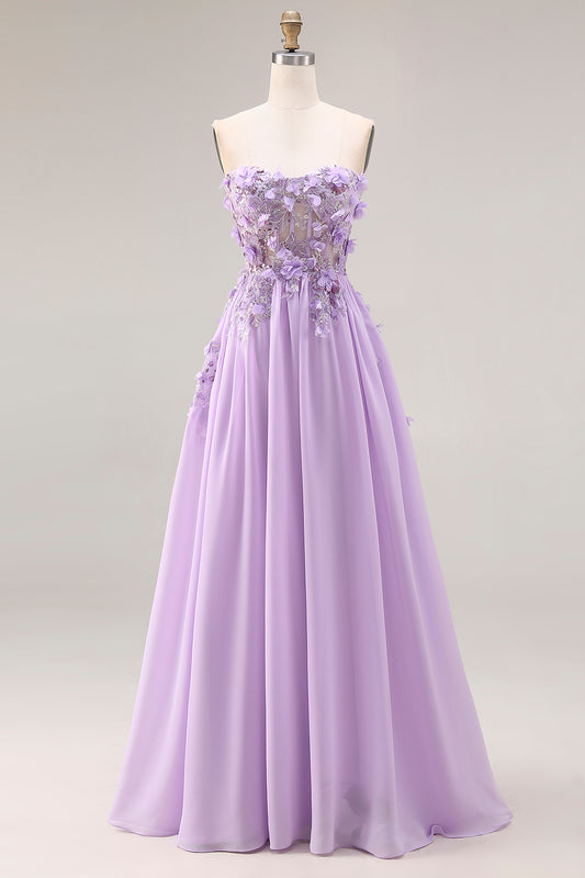 Floral Sparkly Sequin Lilac Strapless A Line Corset Long Prom Dress