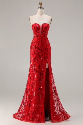 Sparkly Red Mermaid Sequin Strapless Long Prom Dress with Slit