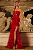 Sparkly Red Sequin Mermaid Sweetheart Long Prom Dress with Slit