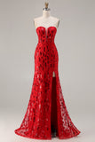 Sparkly Red Sequin Mermaid Sweetheart Long Prom Dress with Slit