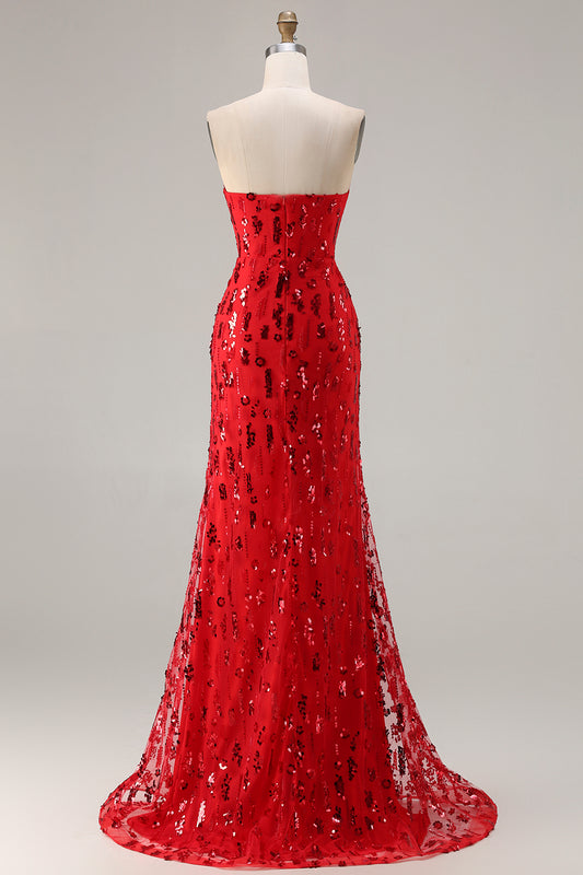 Sparkly Red Mermaid Sequin Strapless Long Prom Dress with Slit