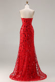 Sparkly Red Sequin Mermaid Sweetheart Long Prom Dress with Slit