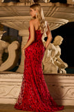 Sparkly Red Sequin Mermaid Sweetheart Long Prom Dress with Slit