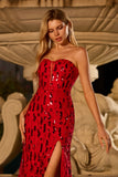 Sparkly Red Sequin Mermaid Sweetheart Long Prom Dress with Slit