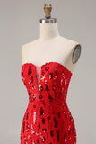 Sparkly Red Mermaid Sequin Strapless Long Prom Dress with Slit