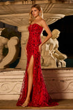 Sparkly Red Sequin Mermaid Sweetheart Long Prom Dress with Slit