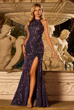 Floral Sparkly Grape Beaded Mermaid Long Prom Dress with Slit