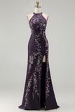 Sparkly Grape Floral Mermaid Beaded Long Prom Dress with Slit