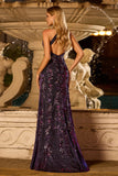 Floral Sparkly Grape Beaded Mermaid Long Prom Dress with Slit