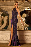 Floral Sparkly Grape Beaded Mermaid Long Prom Dress with Slit