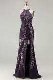 Sparkly Grape Floral Mermaid Beaded Long Prom Dress with Slit