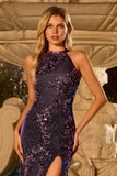 Floral Sparkly Grape Beaded Mermaid Long Prom Dress with Slit