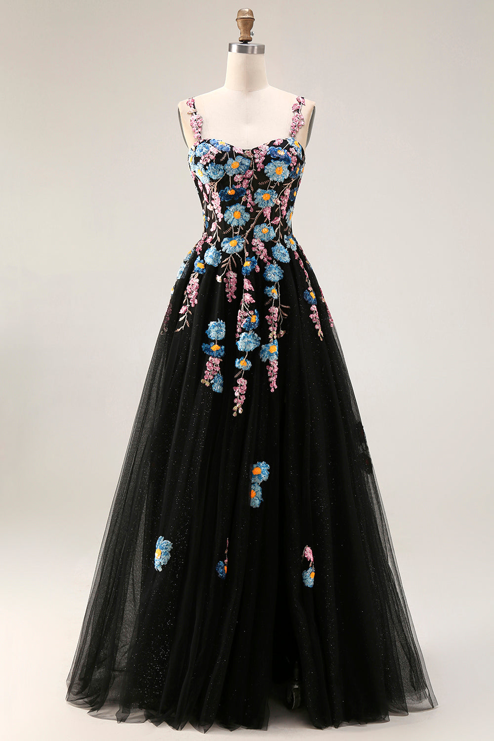 Floral Black Spaghetti Straps A Line Tulle Long Prom Dress with Embroidery
