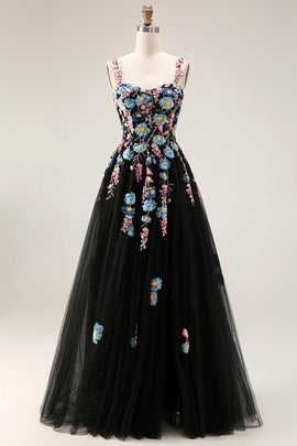Floral Black Spaghetti Straps A Line Tulle Long Prom Dress with Embroidery