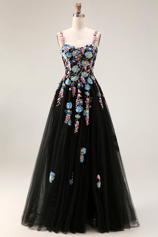 Floral Black Spaghetti Straps A Line Tulle Long Prom Dress with Embroidery