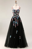 Floral Black Spaghetti Straps A Line Tulle Long Prom Dress with Embroidery