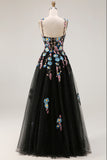 Floral Black Spaghetti Straps A Line Tulle Long Prom Dress with Embroidery