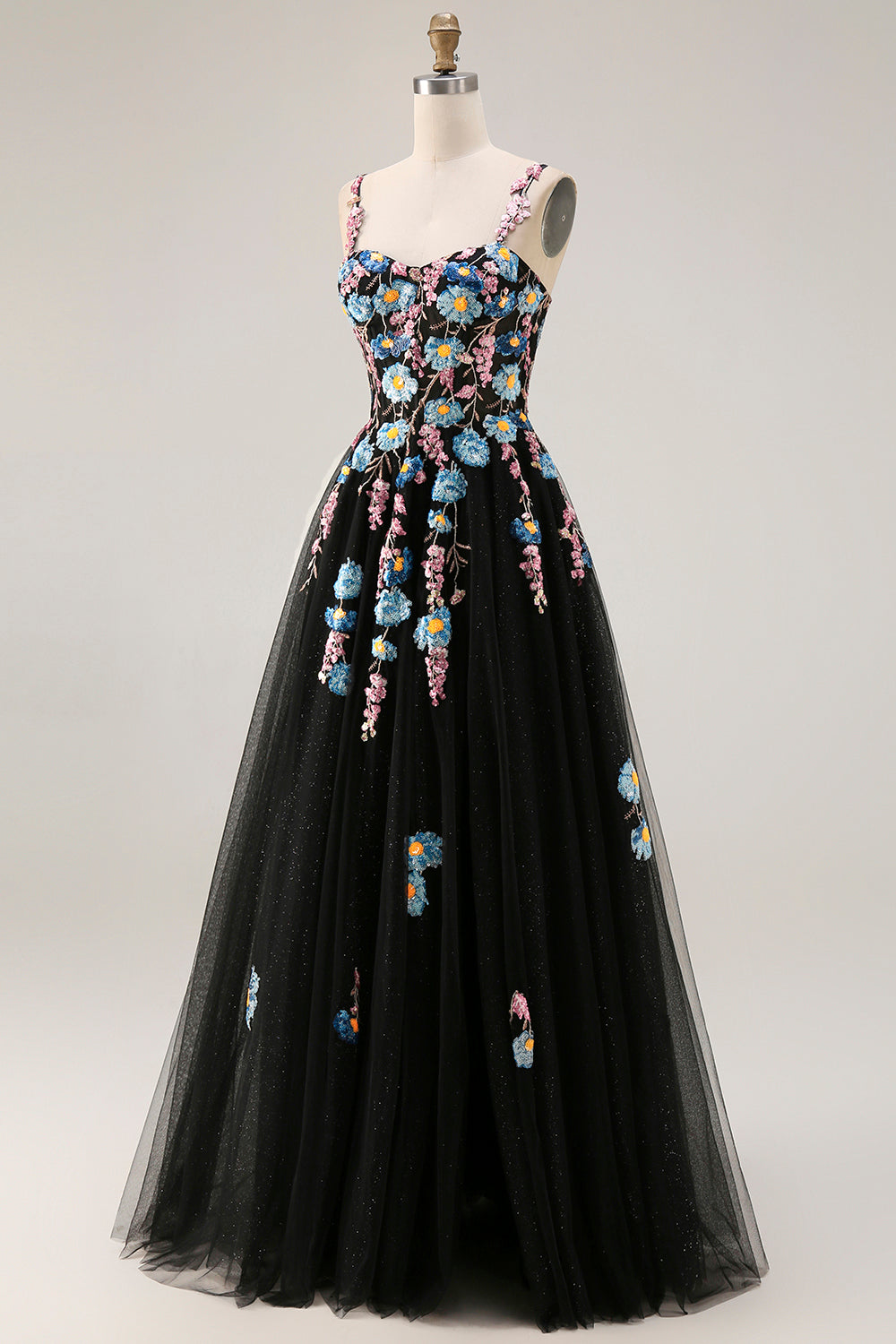 Floral Black Spaghetti Straps A Line Tulle Long Prom Dress with Embroidery