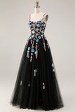 Floral Black Spaghetti Straps A Line Tulle Long Prom Dress with Embroidery