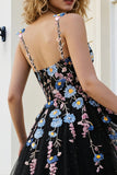 Sparkly Black Floral Spaghetti Straps A Line Tulle Long Prom Dress with Beading