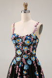 Floral Black Spaghetti Straps A Line Tulle Long Prom Dress with Embroidery