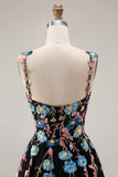 Floral Black Spaghetti Straps A Line Tulle Long Prom Dress with Embroidery