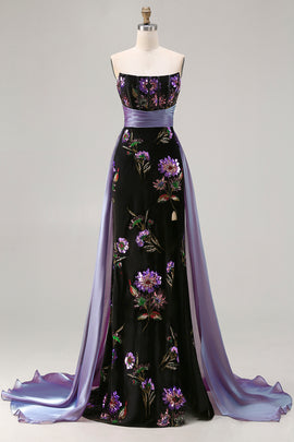 Floral Black Sheath Strapless Long Corset Prom Dress with Cape