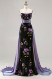 Floral Black Sheath Strapless Long Corset Prom Dress with Cape