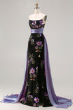 Floral Black Sheath Strapless Long Corset Prom Dress with Cape