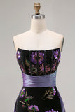 Floral Black Sheath Strapless Long Corset Prom Dress with Cape