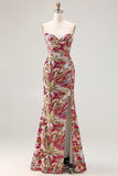 Sparkly Floral Fuchsia Sheath Sweetheart Long Prom Dress with Slit