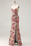 Sparkly Floral Fuchsia Sheath Sweetheart Long Prom Dress with Slit