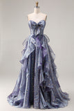 Glitter Dusty Blue A Line Ruffled Long Prom Dress with Bow