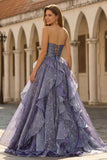 Glitter Dusty Blue A Line Ruffled Long Prom Dress with Bow