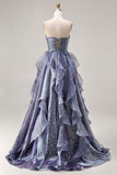 Glitter Dusty Blue A Line Ruffled Long Prom Dress with Bow