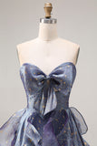 Glitter Dusty Blue A Line Ruffled Long Prom Dress with Bow