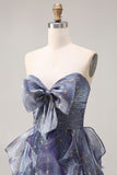 Glitter Dusty Blue A Line Ruffled Long Prom Dress with Bow