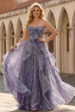 Plus Size Glitter Dusty Blue A Line Ruffled Long Prom Dress with Bow