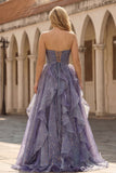 Plus Size Glitter Dusty Blue A Line Ruffled Long Prom Dress with Bow