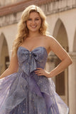 Plus Size Glitter Dusty Blue A Line Ruffled Long Prom Dress with Bow