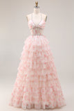 Candy Pink A Line Tiered Beaded Long Corset Prom Dress